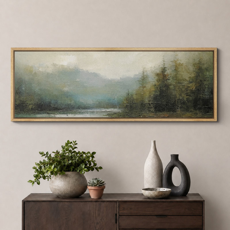 Lake River Landscape " Tranquil River Andest Antique Retro Fine Art Colorful Bedroom Extra Large Wall Decor ", 20" H x 60" W