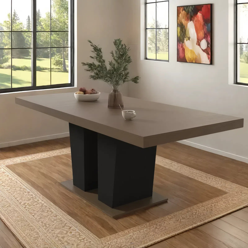 Extendable Farmhouse Dining Table for 6 to 10 People, Modern Rustic Expandable Wooden Kitchen Table with Double Pedestal Base