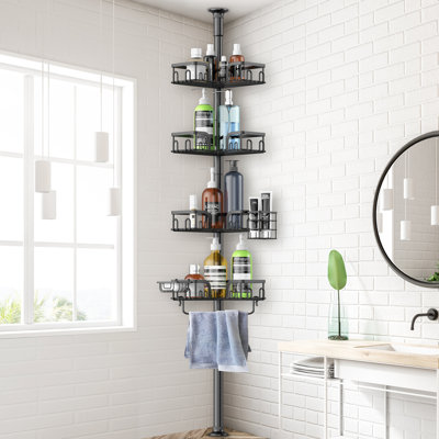 Black Stainless Steel Tension Pole Shower Caddy with Toothpaste Box, Adjustable Height Corner Organizer for Bathtub and Shower Single
