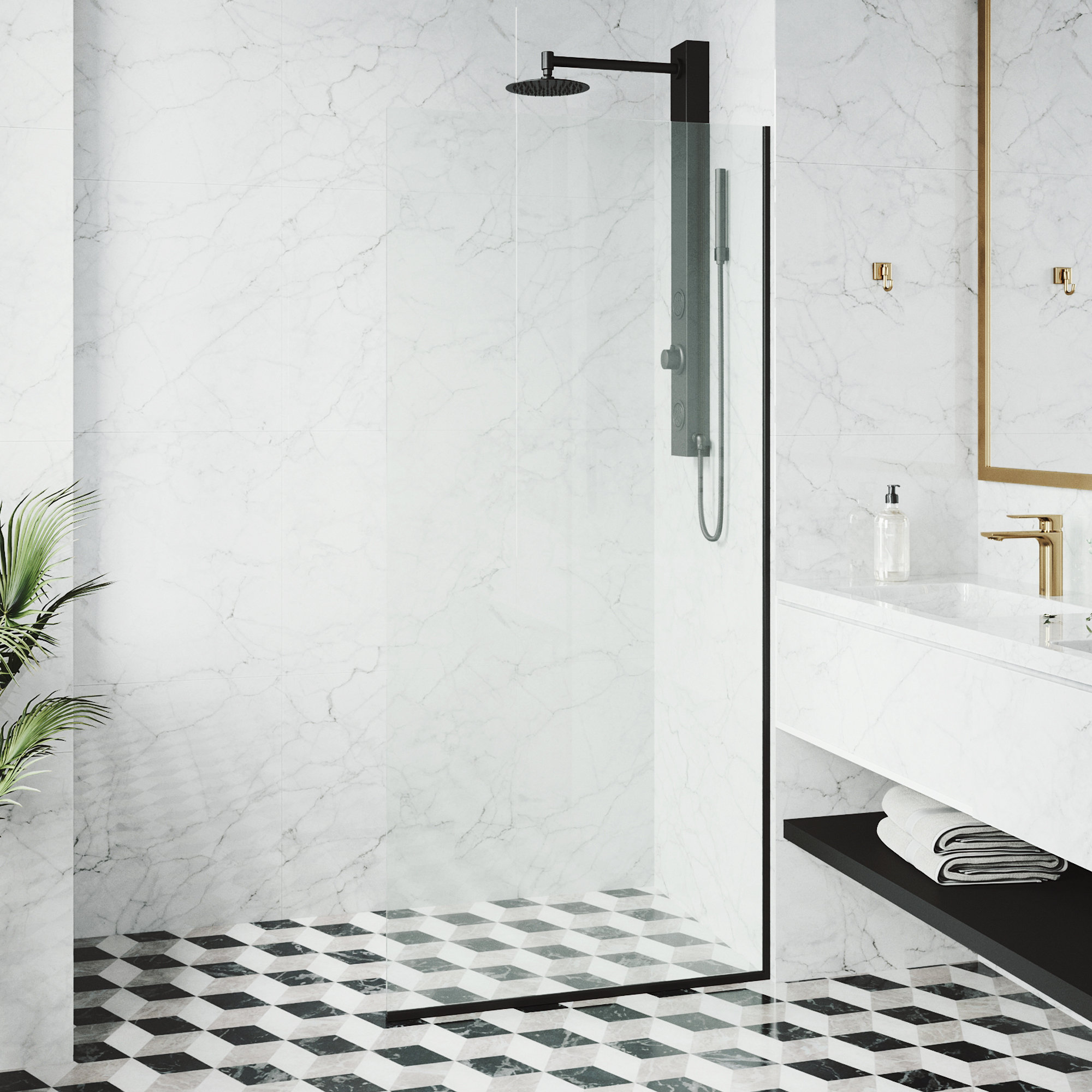 Zenith 34" W x 74" H Fixed Frameless Shower Screen with 3/8" Glass, Matte Black Clear