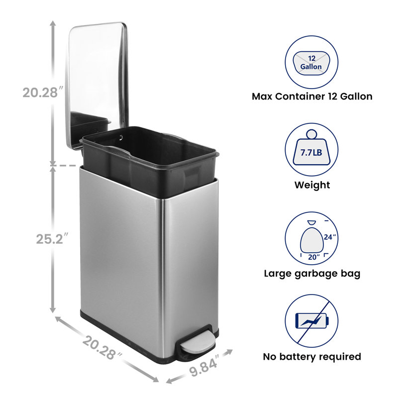 Slim Brushed Stainless Steel Step-On Trash Can 12.9 Gallons