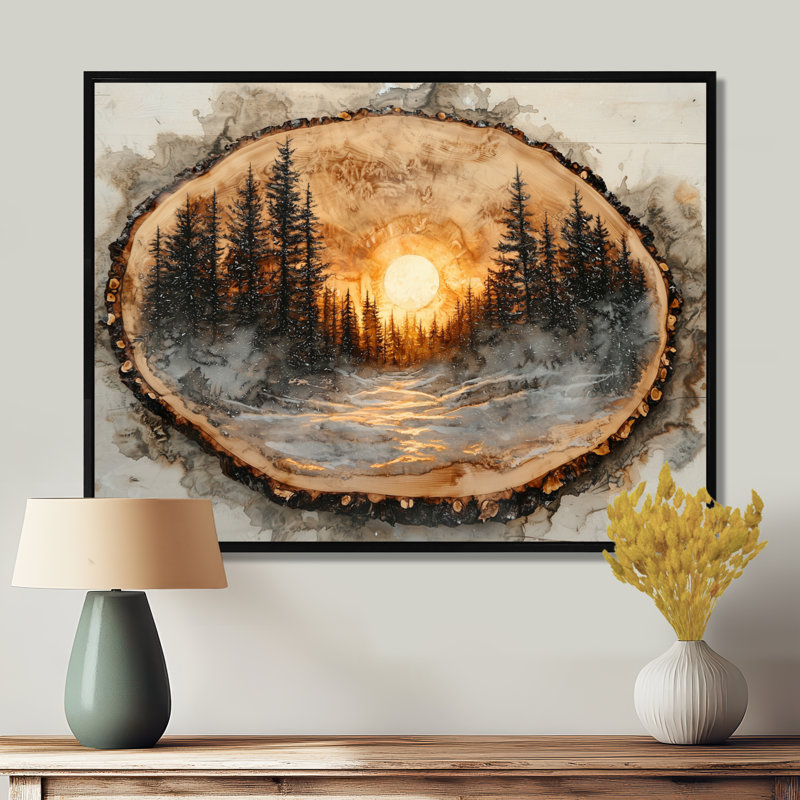 «Getzel Sunrise Pine Tree on Wooden Tree Slide II», art mural forêt, H 16 po x l 32 po, Impression encadrée flottante, Noir