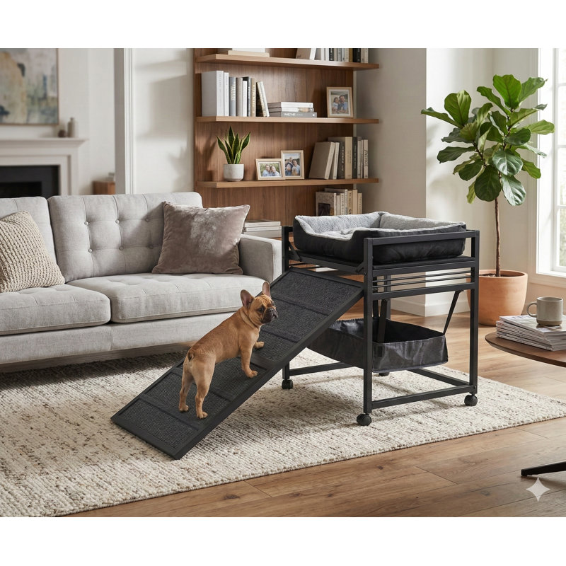 Rampe d'escalier mobile pour animaux de compagnie avec siÃ¨ge intÃ©grÃ© et meuble de rangement, modÃ¨le pliable pour chiens de grande, moyenne et petite taille, pouvant Ã©galement servir d'Ã©chelle pour chats afin d'accÃ©der Ã  des lits en hauteur