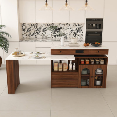 Îlot de cuisine avec table extensible et rotative, panneau de fibres à densité moyenne avec placage de noyer au design rétro, 4 tiroirs et armoires à portes en verre avec prise intégrée, poste de salle à manger extensible pour 2 à 4 personnes