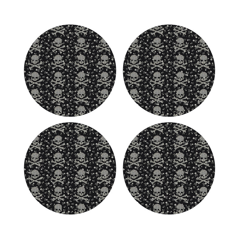 Crossbones Small Black Vegan Leather Round Coasters