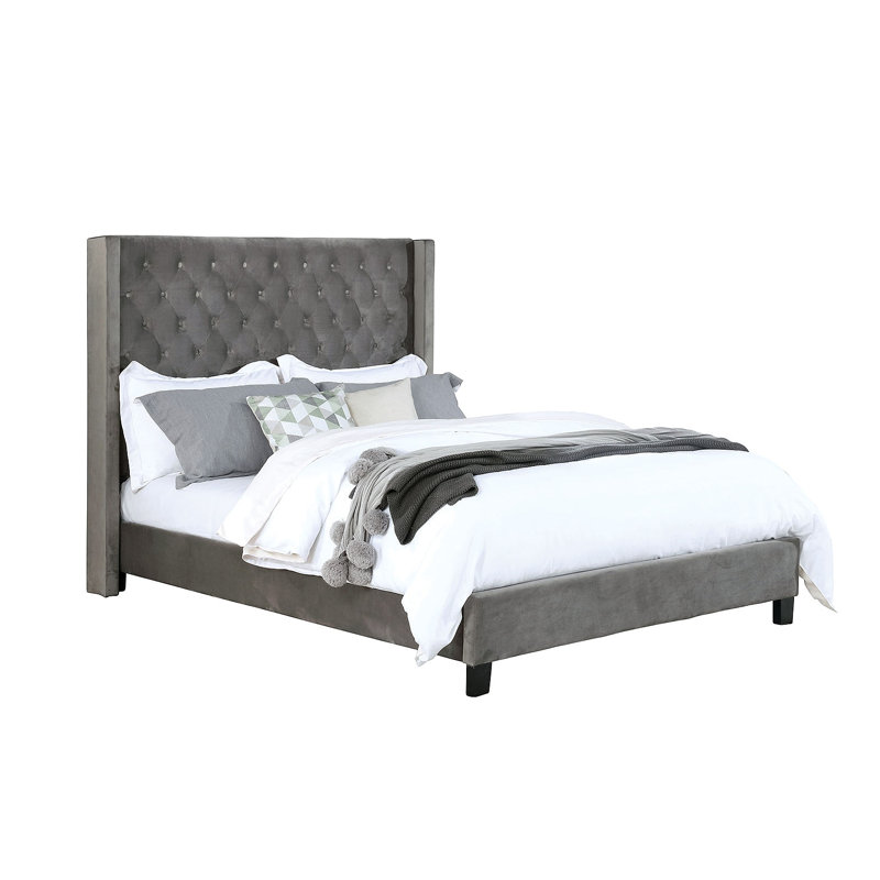 Elegant 1Pc Bed Fully Upholstered Frame Fabric Tufted HB Bedroom Wingback Design, Gray