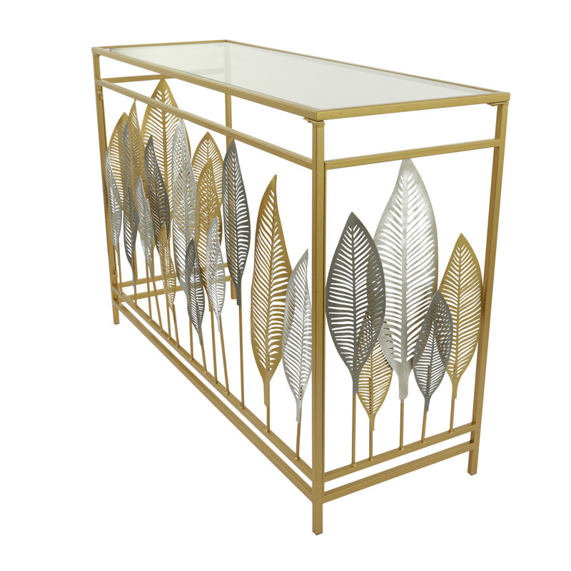 Metal Leaf Console Table with Mirrored Glass Top and Silver Accents, Gold