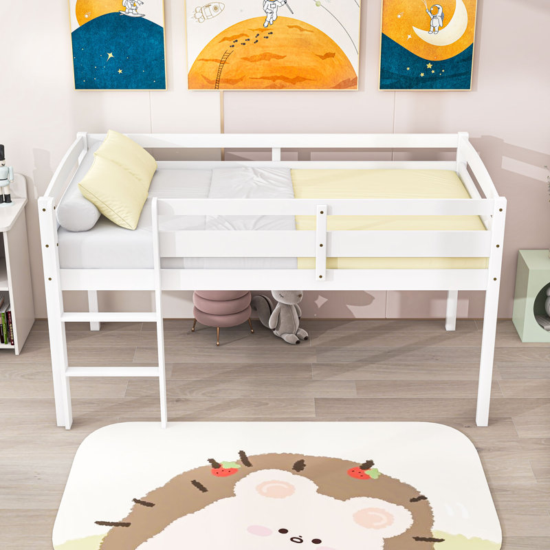 Twin Wood Loft Bed With Ladder & Guardrails, Low-Height Design, White