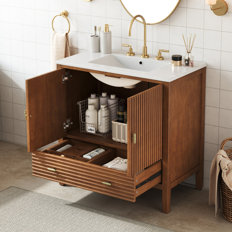 Lune Mid-Century Bathroom Vanity with Ceramic Sink & Drawer, 30"