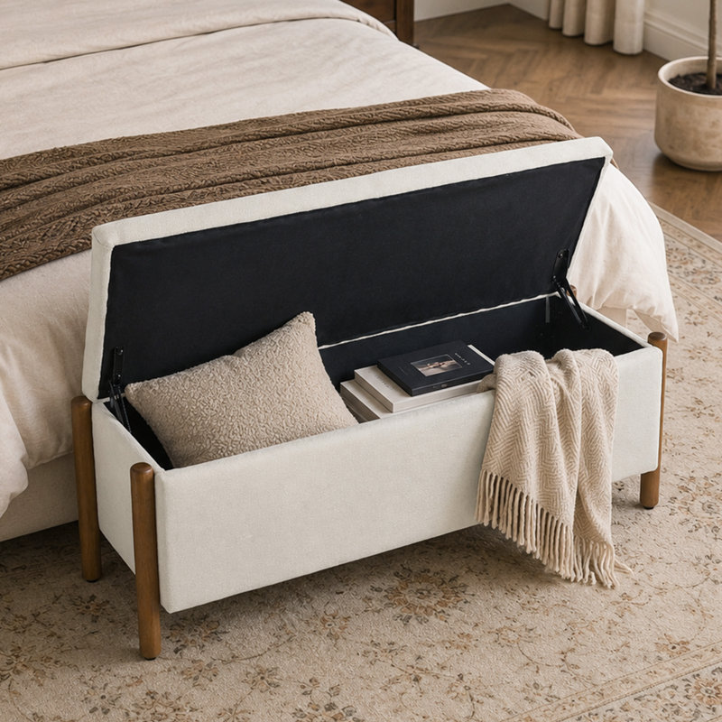 Banc de rangement rembourré 48 po avec pieds en bois massif 48 po, Beige
