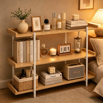 3-Tier Console Table with Raised Edges, Industrial Sofa Entryway Table with 6 Metal Legs & Wood Shelves for Living Room, Natural