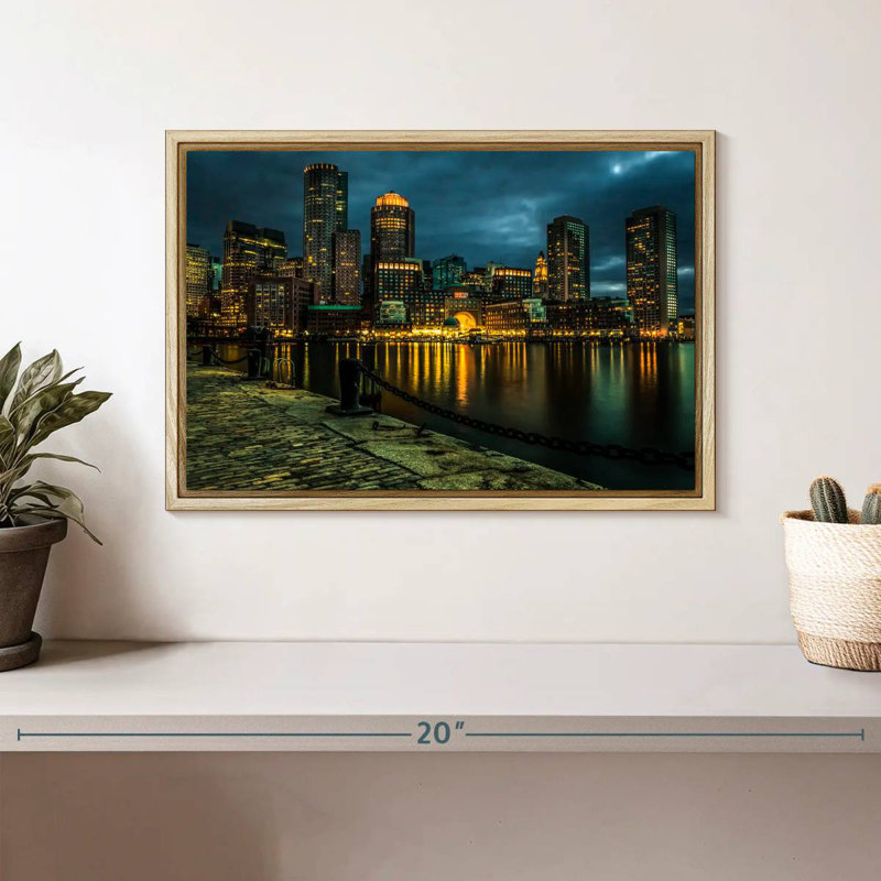 Silhouette de Boston la nuit, 13 po x 9 po, Cadre flottant en bois naturel