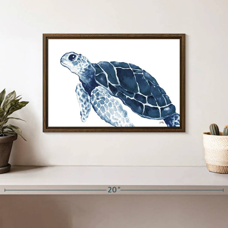 Tortue dans les bleus, 13 po x 9 po, Cadre flottant noyer