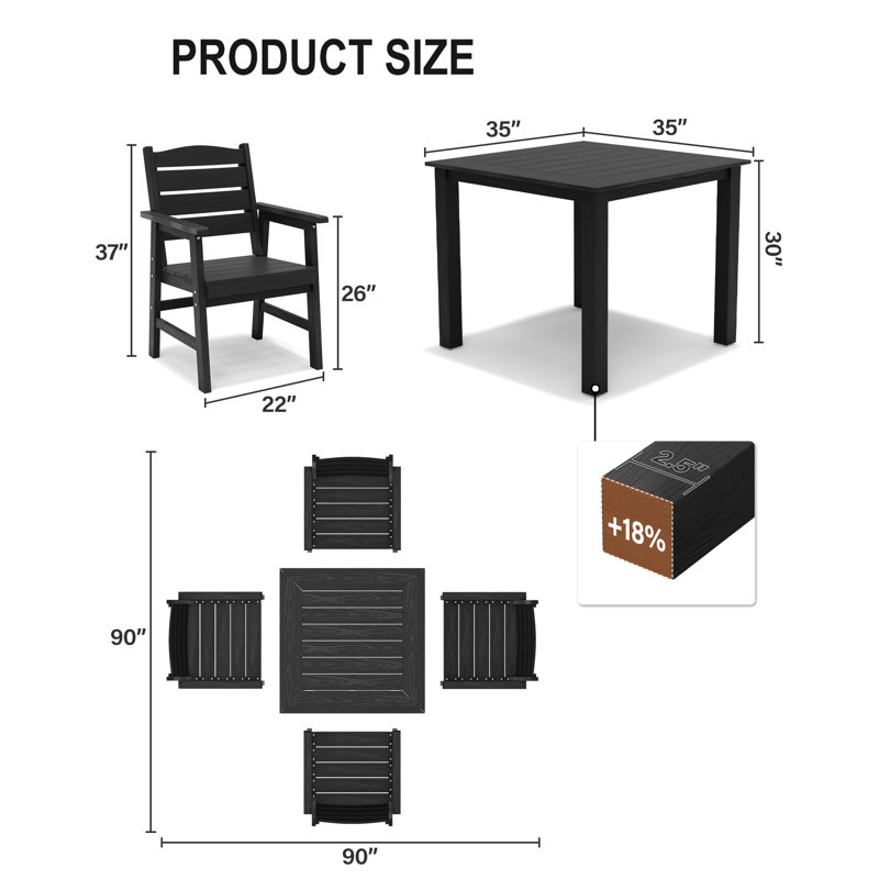 Table de salle à manger carrée d'extérieur, Noir
