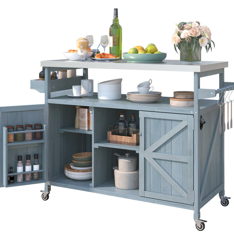 Îlot de cuisine extérieur avec plateau en acier inoxydable: bois massif. Options de rangement. 4 roues verrouillables. Gris-bleu Grille de luxe avec porte-papier et porte-serviettes