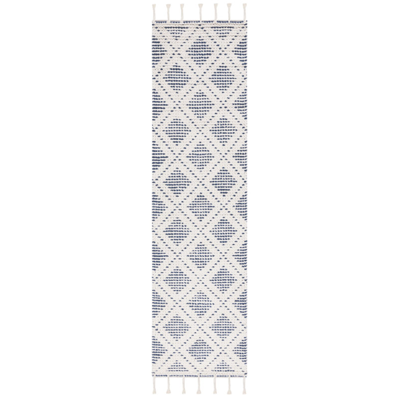 Gulielma Hand Loomed Wool/Cotton Geometric Rug in Blue/Ivory, Runner 2'3" x 9'