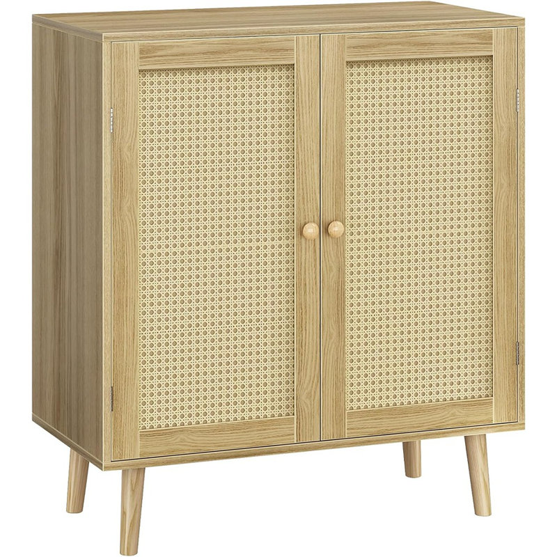 Buffet avec rangement, armoire de rangement avec portes décoratives en rotin PE, buffet d'appoint avec pieds en bois massif, pour couloir, entrée, salon, naturel