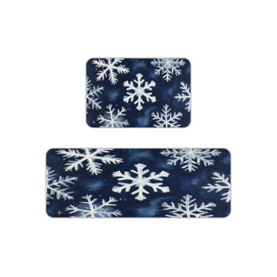 Snowflake Print Kitchen Mats, Set of 2 Non-Slip Washable Floor Rugs for Kitchen & Bathroom, Winter Themed Home Decor
