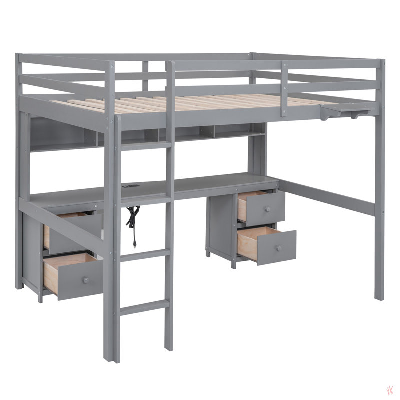 Lit mezzanine avec bureau, armoires, tiroirs et plateau de chevet, station de charge, Gris