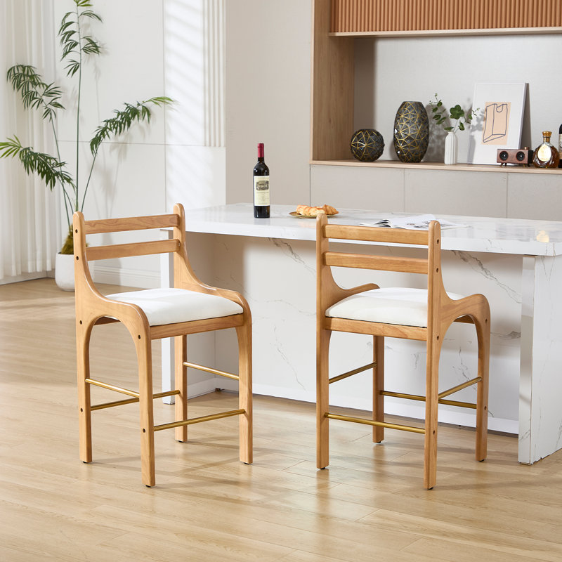 Stylish Farmhouse Upholstered Solid Wood Barstools With Metal Stirrups, Low Barstools With Cutout Solid Wood Backs Set Of 2