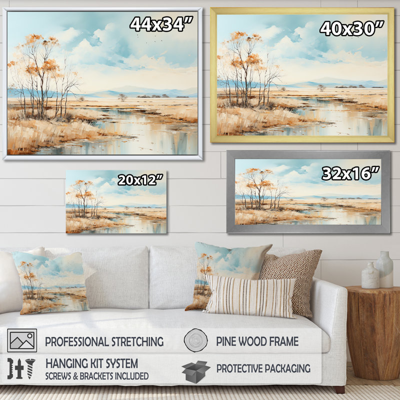Beige Scerene Meadow Stream Harmony sur toile, Cadre simple argenté, H 24 po x l 32 po x P 1 po