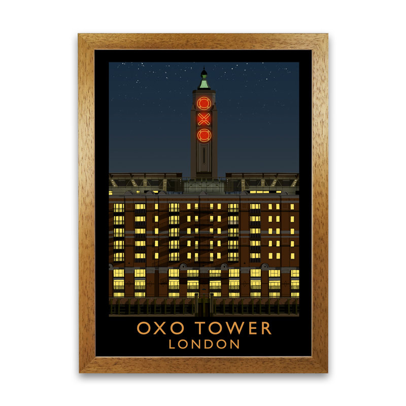 Oxo Tower London At Night 1 Piece Single Picture Frame Wall Art, 42 cm H x 297 cm W, Honey Oak