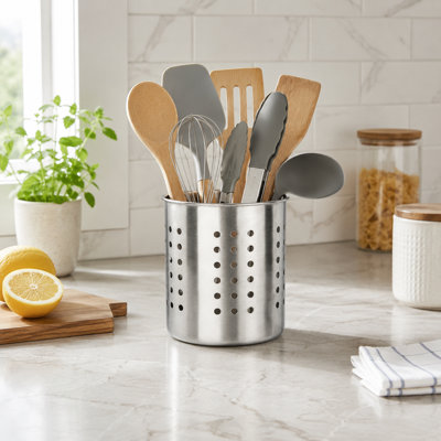 Stainless Steel 5.3x5.1-Inch Round Utensil Organizer, Kitchen Holder for Forks, Spatulas, Restaurant or Home Use
