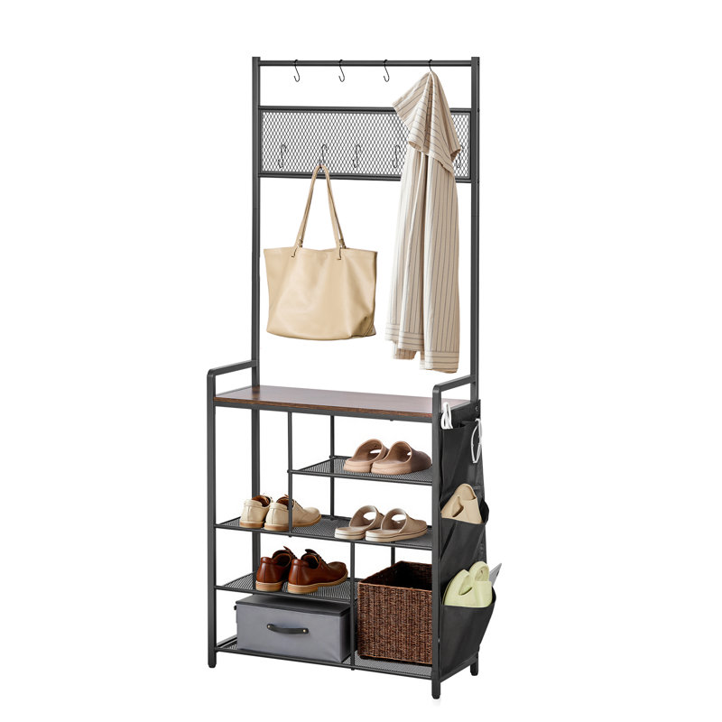 Hall Tree, 70.9 in Coat Rack with Shoe Storage, Freestanding 4-Tier Shoe Rack Organizer with Hooks, Side Pocket and Wire Shelf, Steel Frame Entrance Coat Holder for Entryway, Bedroom, Closet