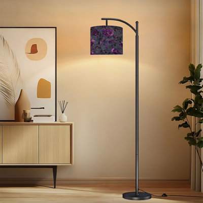 Arc Floor Lamp with Adjustable Lampshade Purple Floral Dark Accents Abstract  3 Color Dimmable Standing Lamp with Remote Control, LED Bulb Included, and Metal Shade