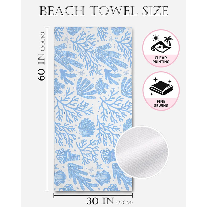 Serviette de plage bleue en polyester à motif de corail de 80 x 60 pouces pour la plage