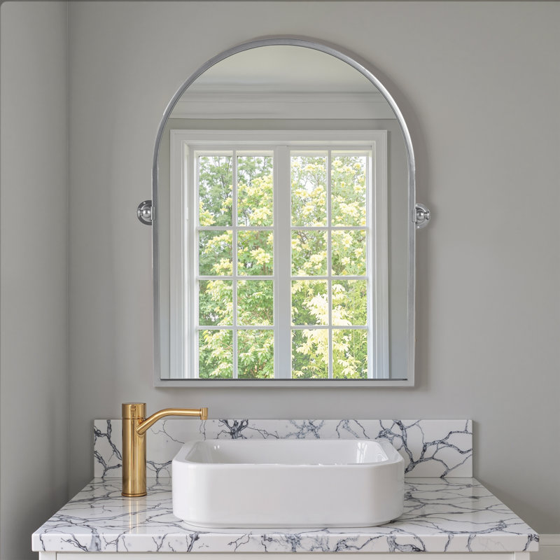 Avais Arch Metal Wall Mirror with Tilted Frame, Silver, 36" x 24"