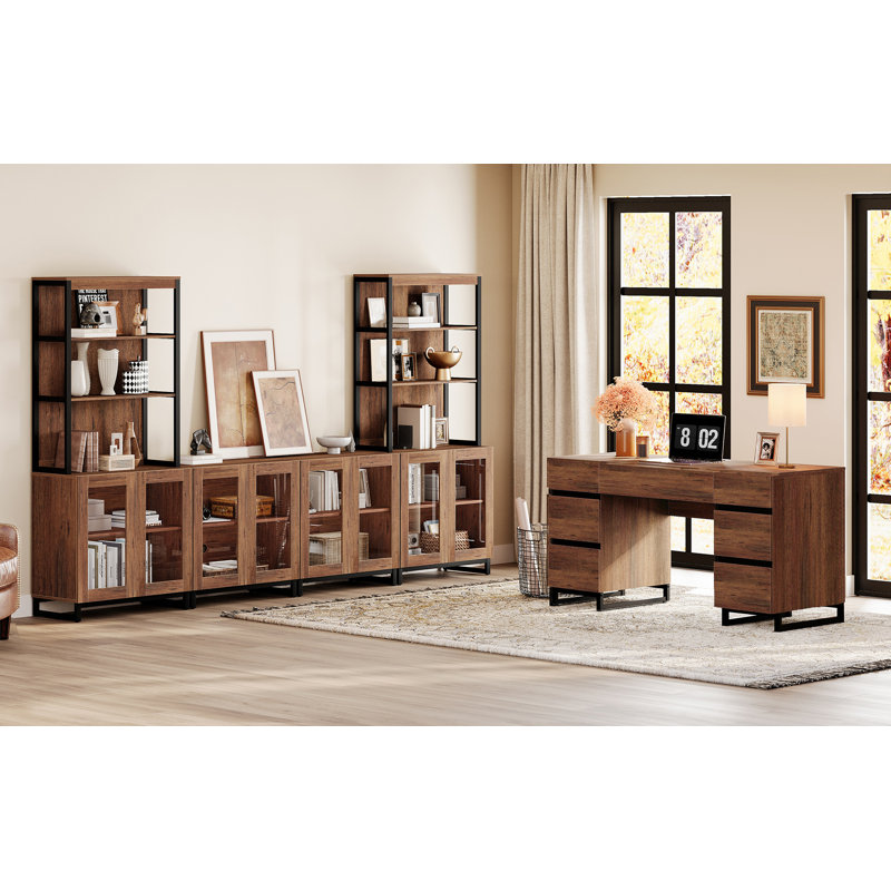  Home Office Set: 59" Modern Desk With Charging Station And Storage Cabinet, Two 72" Tall Bookcases With 3 Tiers And 4 Cabinets, Wood Computer Desk And Storage Cabinet For Work Study