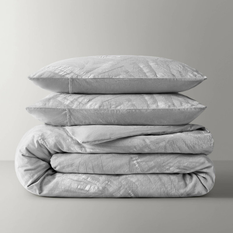 Coastal Leaves 3 Piece Cotton Duvet Set, Light Gray, King