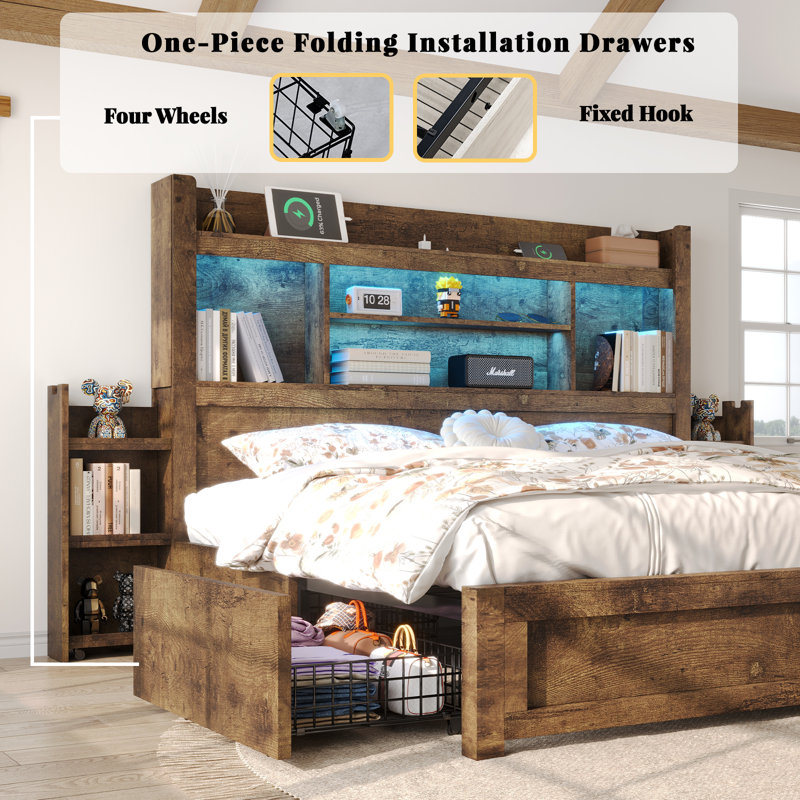 Farmhouse Bed Frame with Bookcase Headboard, 2 Detachable Racks, 4 Drawers & RGB LED, Queen, Brown