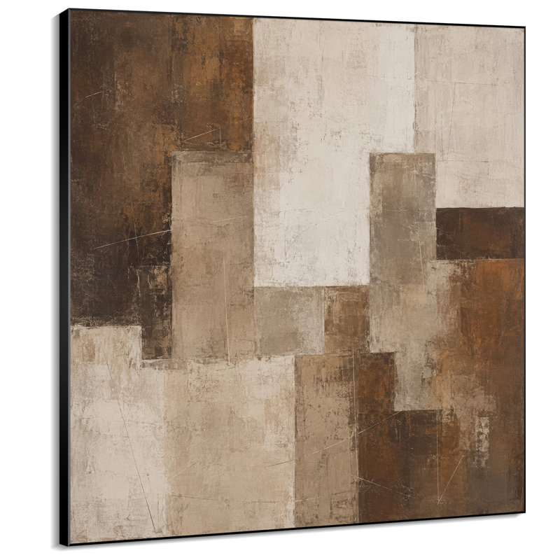 Impression sur tissu grand format - Motif géométrique abstrait neutre brun et beige pour salon ou chambre - « Assemblage du cadre requis (cadre non fini) »