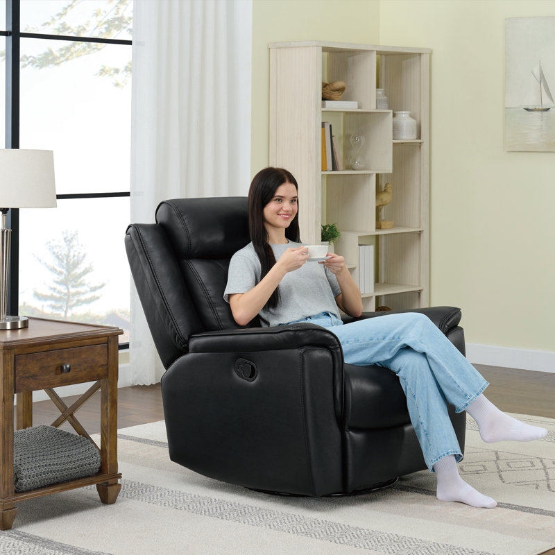 Puspha 37'' W Modern Vegan Leather Swivel Manual Recliner, Black Faux Leather