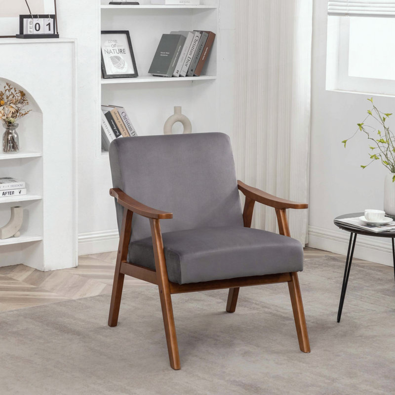 Chaise d'appoint Mid-Century moderne en velours (gris), Gris, Noyer