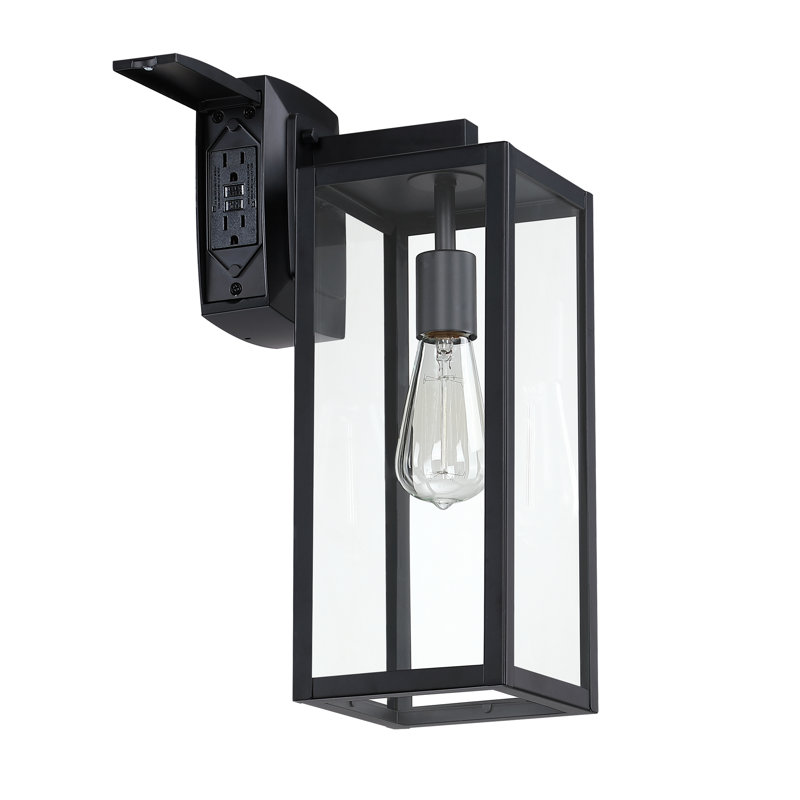 Matte Black Outdoor Wall Lantern Sconce with GFCI Outlet, 16.7" H x 5.89" W x 8.95" D