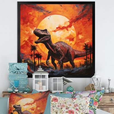 Coucher de soleil de dinosaure rouge et jaune I - art de mur de dinosaure