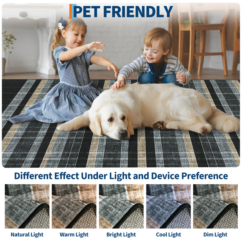 Tapis lavable à carreaux à poils courts avec envers antidérapant, Black, 9 x 12 pi