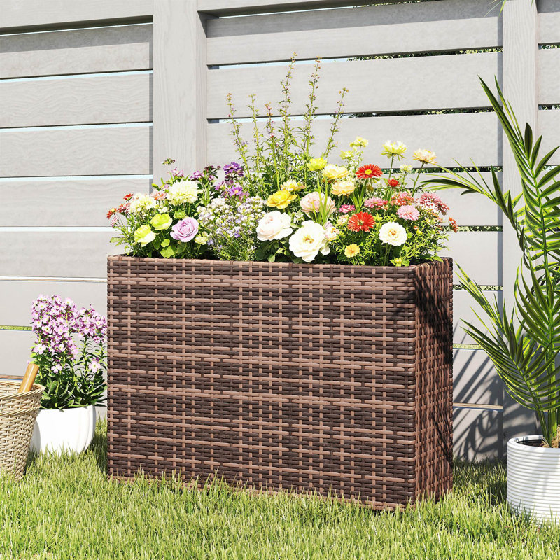 Raised Garden Bed with Adjustable Foot Pads for Patio, Balcony, PE Rattan Wicker Planter, Freestanding Steel Frame Rattan Planter Stand with Removable Liner for Flowers, Vegetables, Brown