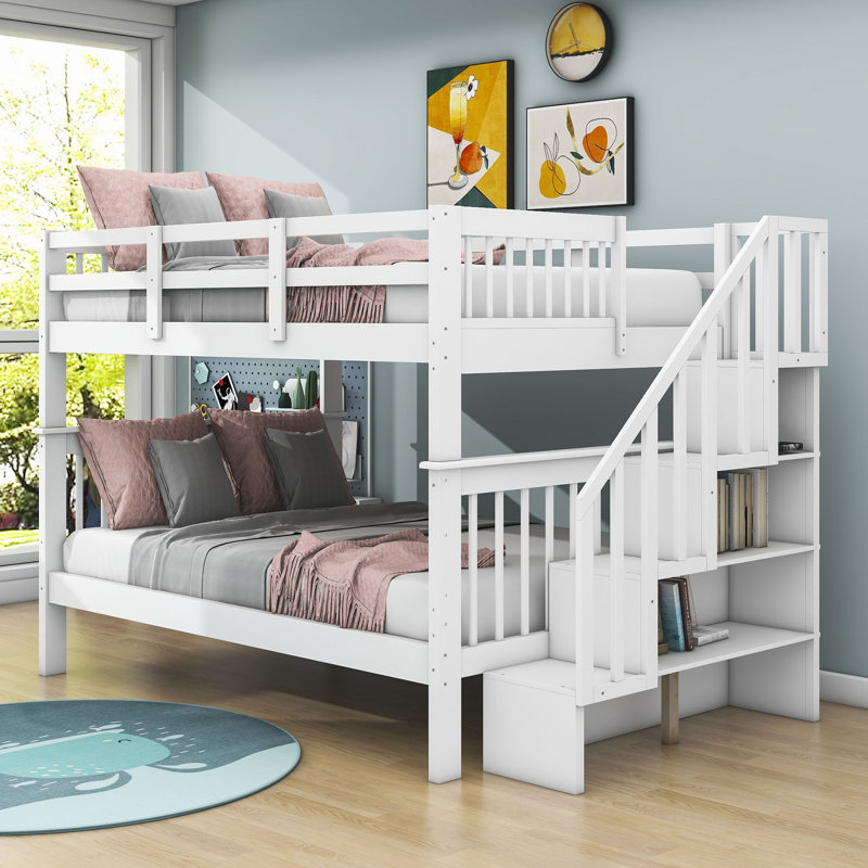 Lit superposé double en bois avec tablettes de rangement, Blanc