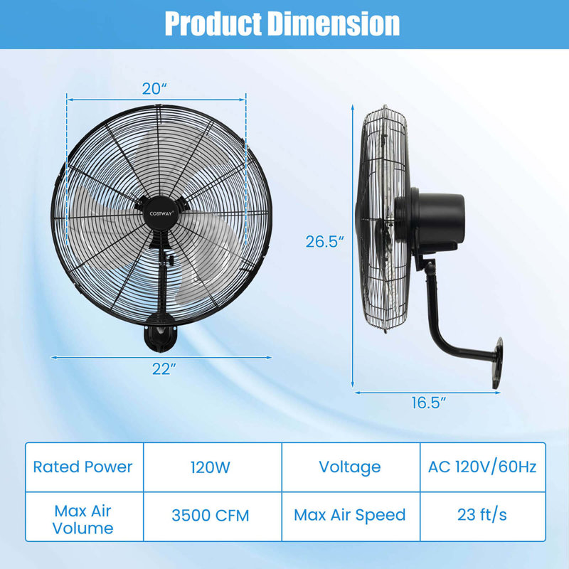  2 Pcs 20" Wall Mount Fan With 3-speed Options 85° Oscillation 30° Tilt 6 Ft Cord 