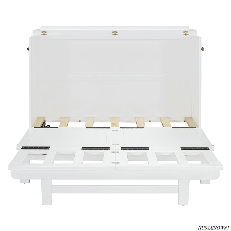 Lit escamotable avec grand tiroir, ports USB et prises USB, Lit double, Blanc