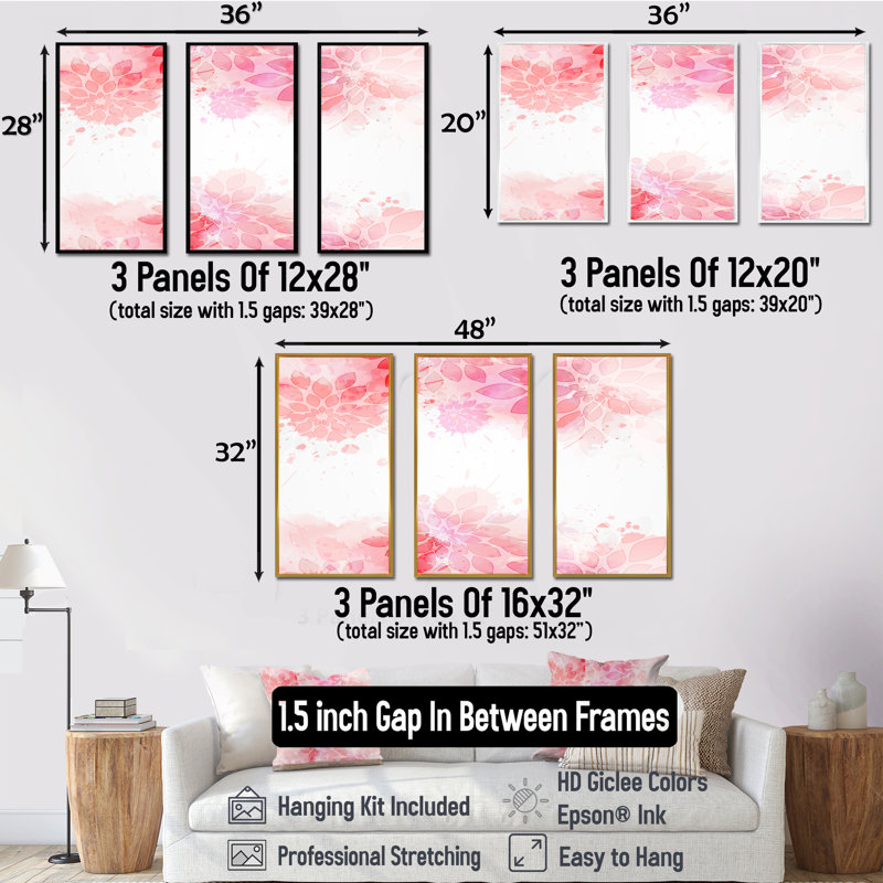 Abstrait fleurs roses éclaboussures II - ensemble d'art moderne sur toile encadrée moderne de 3, H 32 po x l 48 po x P 1 po