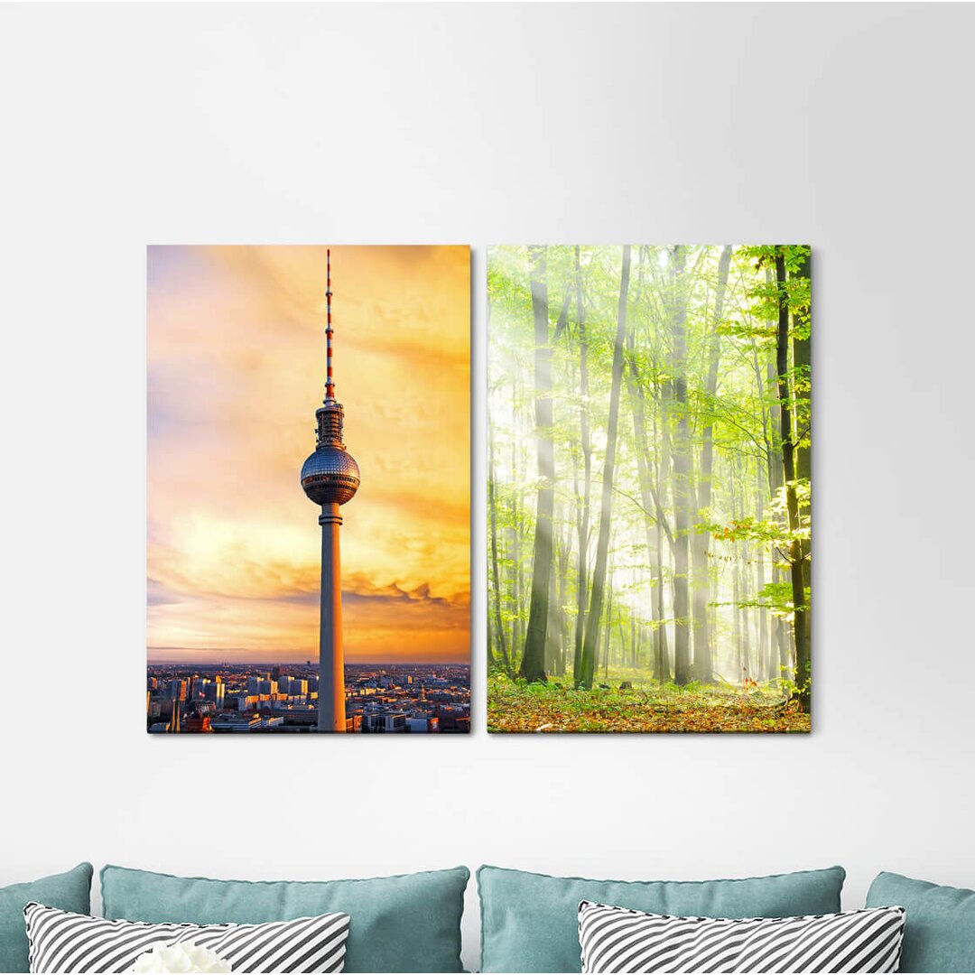 2-tlg. Leinwandbilder-Set - Grafikdruck „Berlin Television Tower Forest Autumn Horizon Sunshine Sunrays”