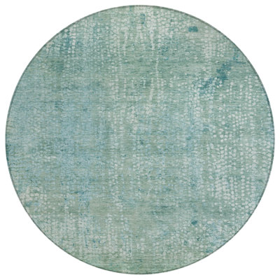 Tapis d'extérieur rond lavable abstrait bleu sarcelle et ivoire 8 pi