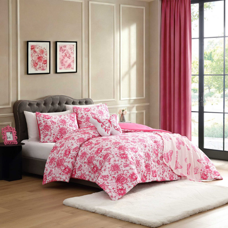 Ensemble d'édredon rose réversible Betsey Johnson, Édredon pour lit simple TG et 3 pièces suppléme