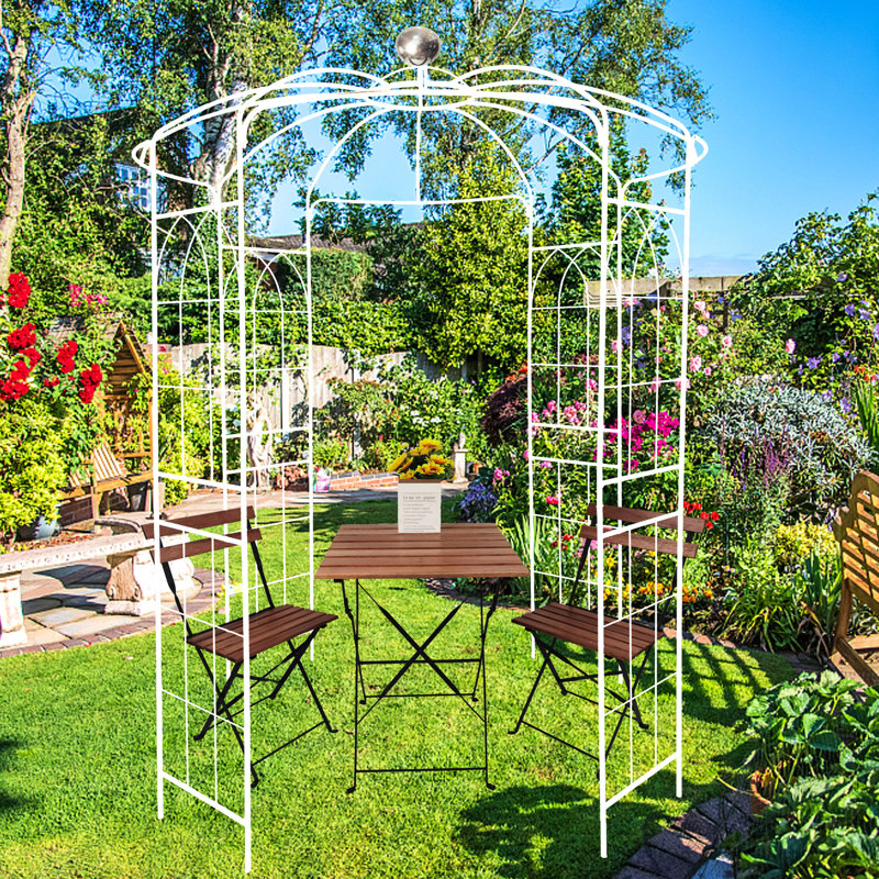 Pavillon de jardin crème en fer blanc avec arche de jardin, 81,3 po x 114,2 po, résistance au vent fort, blanc métallique gonflable facile à assembler, surf agréable