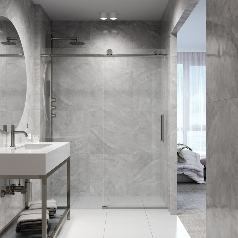 Porte de douche coulissante sans cadre avec verre transparent 3/8 po l 68-72 po x H 76 po Elan, Acier Inoxydable